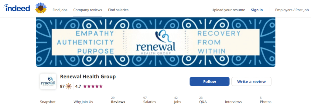 Renewal Health Group rehab jobs reviews